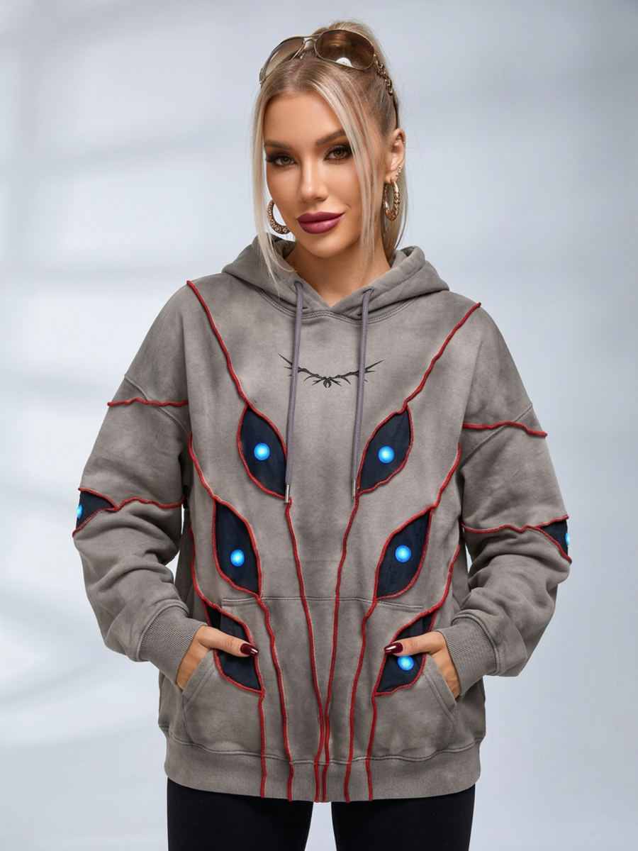 Vintage Distressed Multi-Eye Patchwork Hoodie