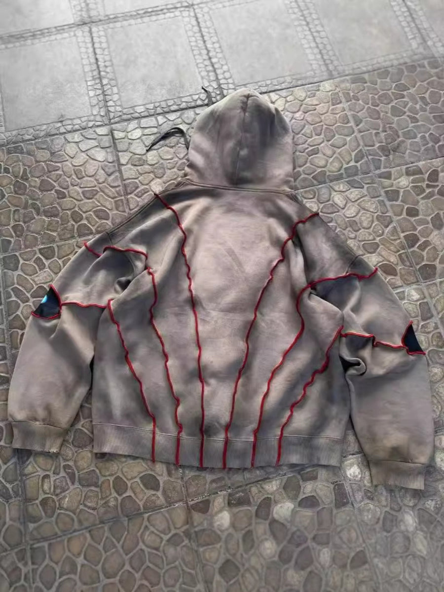 Vintage Distressed Multi-Eye Patchwork Hoodie