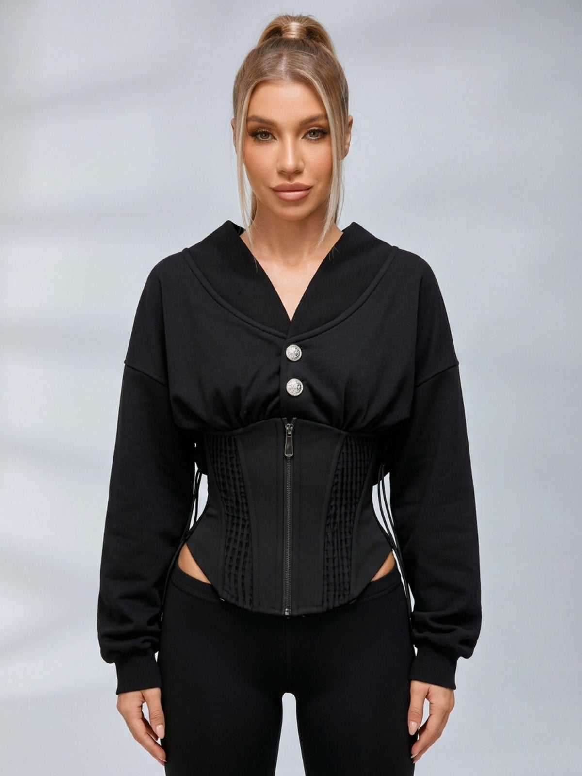Lapel Drop Shoulder Sweatshirt Zip Corset Shaping