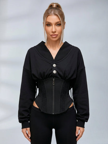 Lapel Drop Shoulder Sweatshirt Zip Corset Shaping