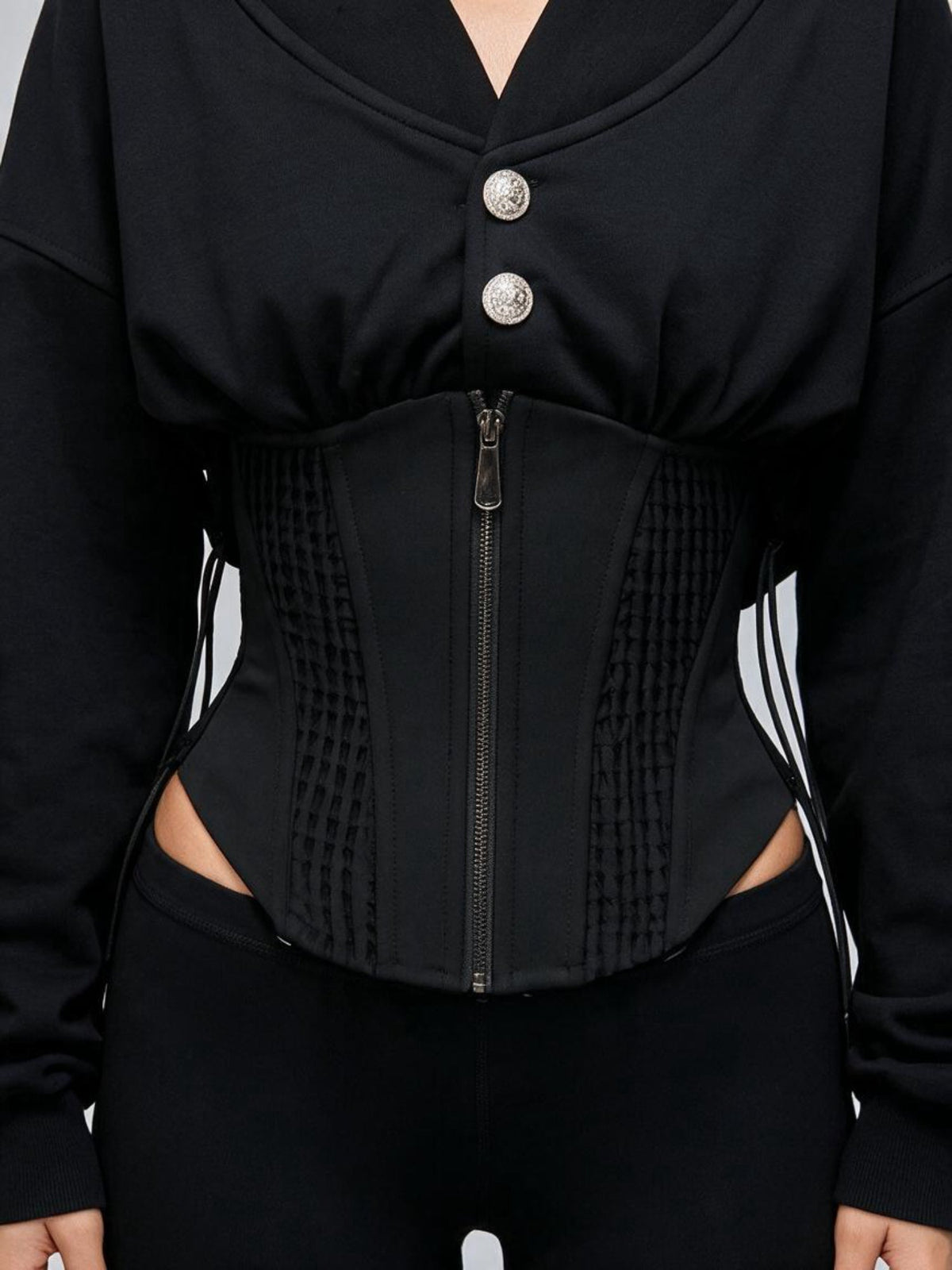 Lapel Drop Shoulder Sweatshirt Zip Corset Shaping