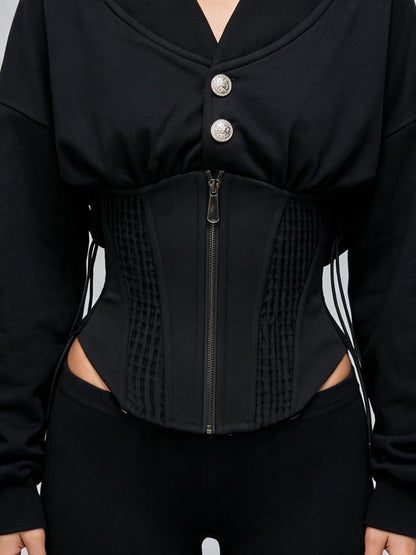 Lapel Drop Shoulder Sweatshirt Zip Corset Shaping