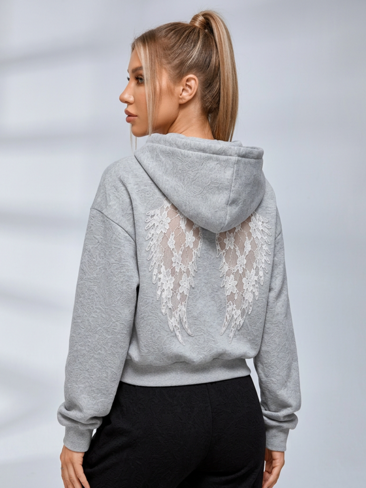Lace Wing Back Embossed Cropped Hoodie