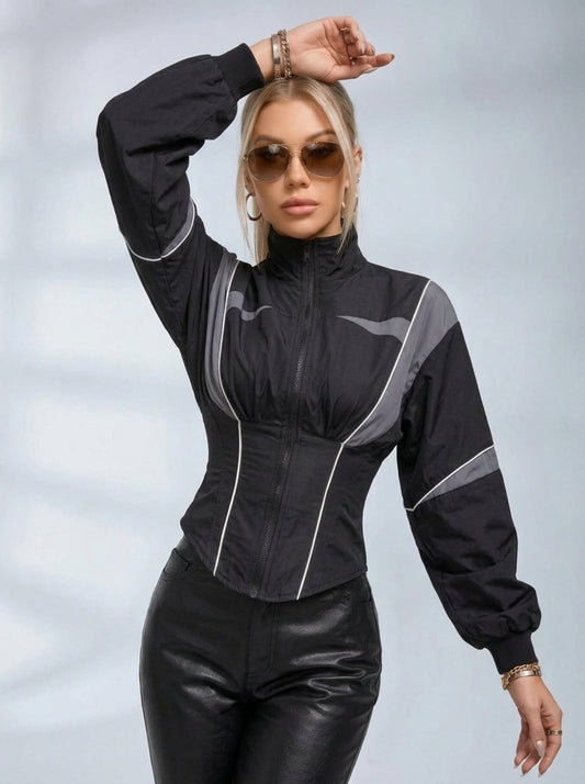 Color Block Cinched Waist Zip Up Jacket