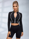 Contrast Line Stand Collar Zip Crop Workout Jacket