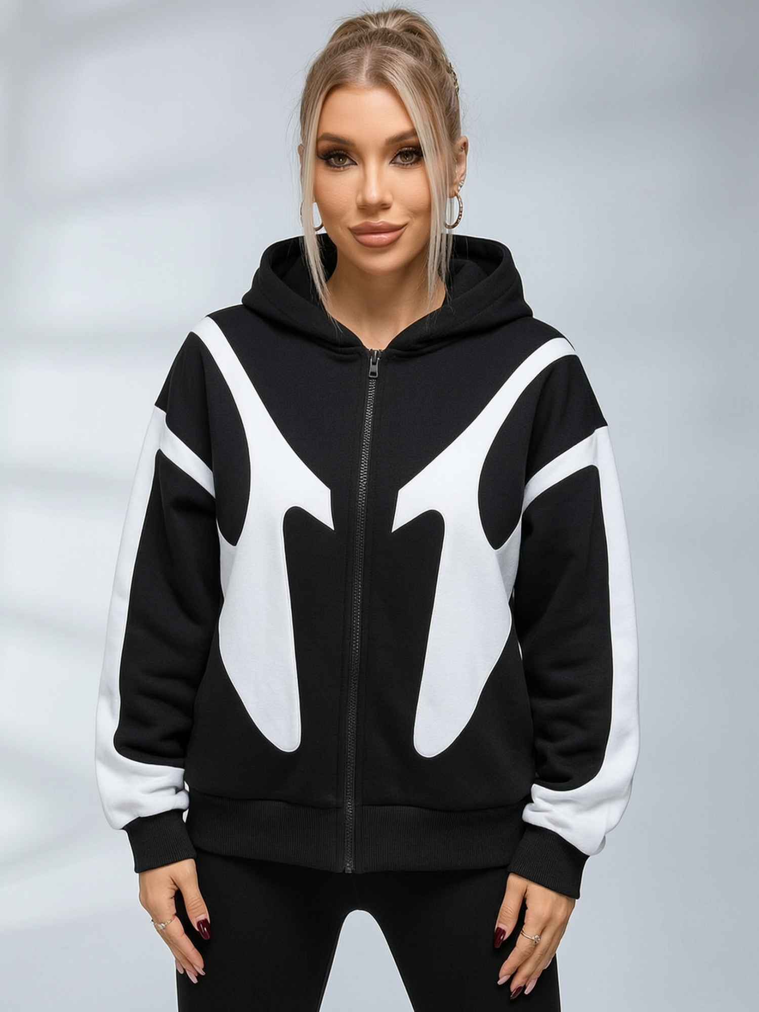 Balaclava Integrated Panel Print Zip Up Hooded Jacket