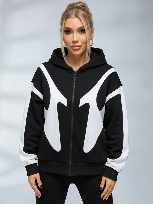 Balaclava Integrated Panel Print Zip Up Hooded Jacket