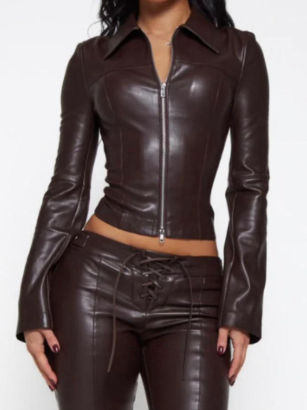 Back Lace-Up Waist Cinch PU Leather 2 Piece Outfit