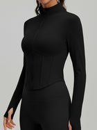 Thumb Hole Ribbed Zip Front Shaping Fitness Top