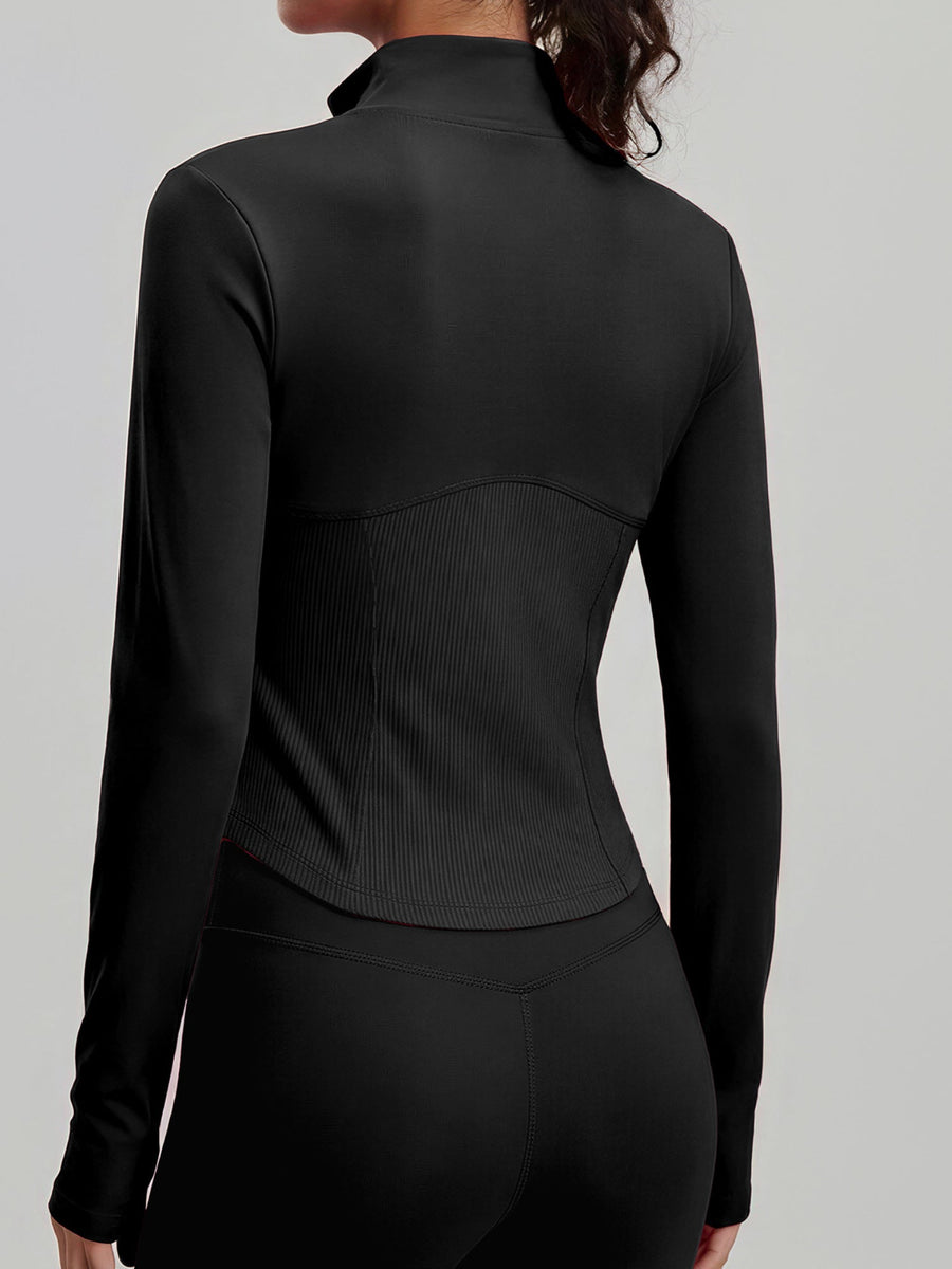 Thumb Hole Ribbed Zip Front Shaping Fitness Top