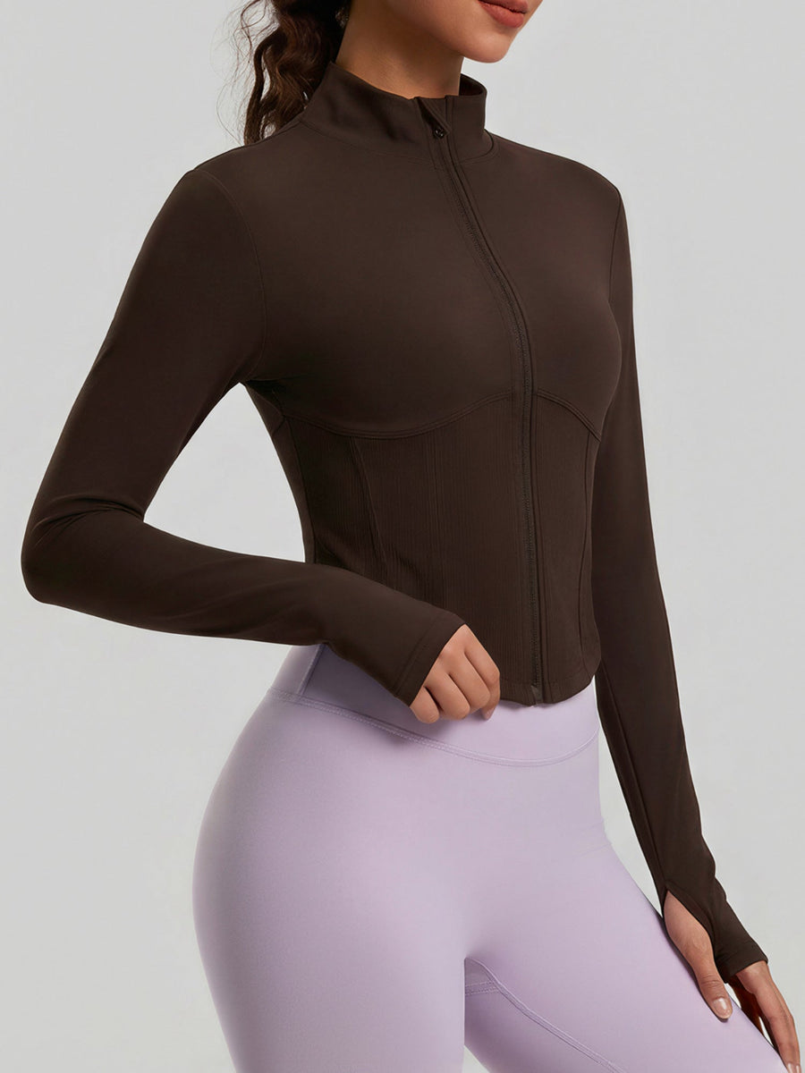 Thumb Hole Ribbed Zip Front Shaping Fitness Top