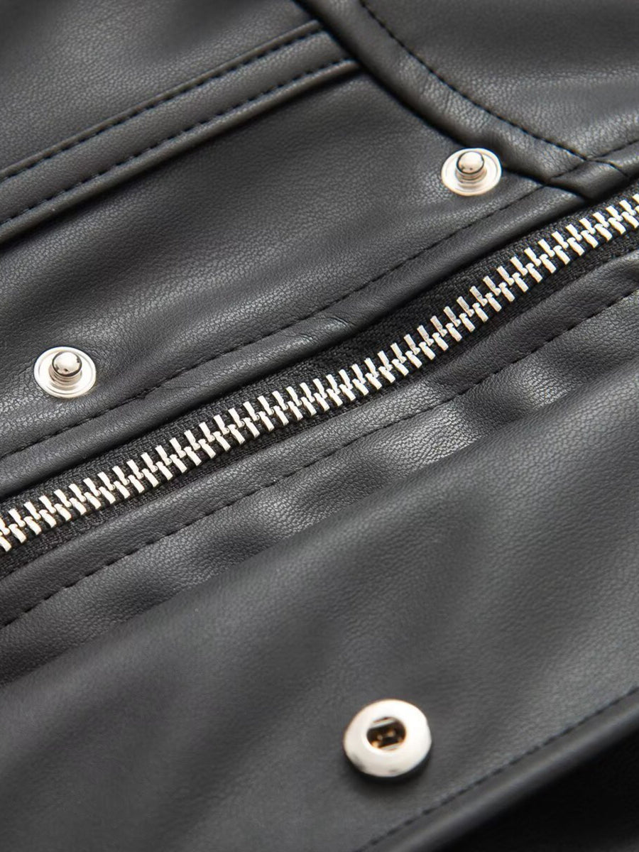 High Neck Button Front Slim Fit Faux Leather Jacket