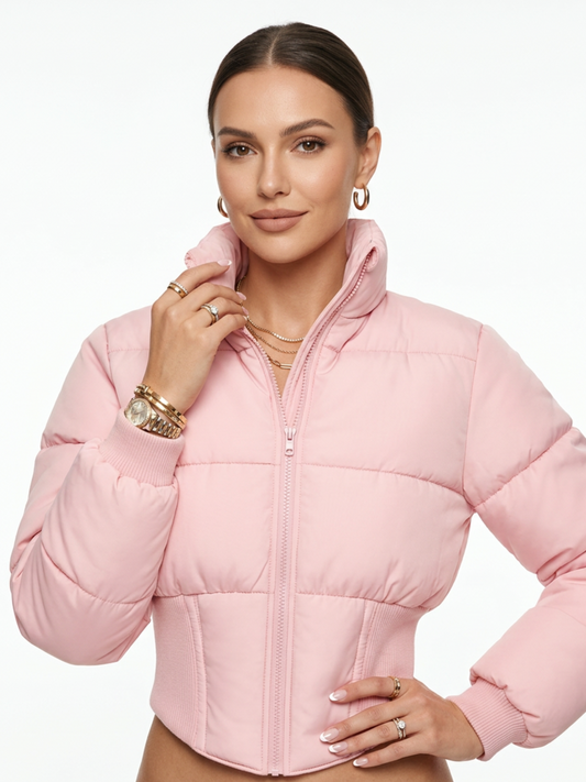 Solid Color Curved Hem Long Sleeve Puffer Jacket