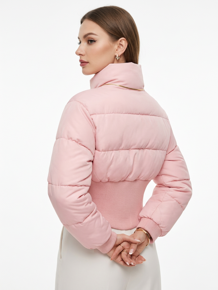 Solid Color Curved Hem Long Sleeve Puffer Jacket