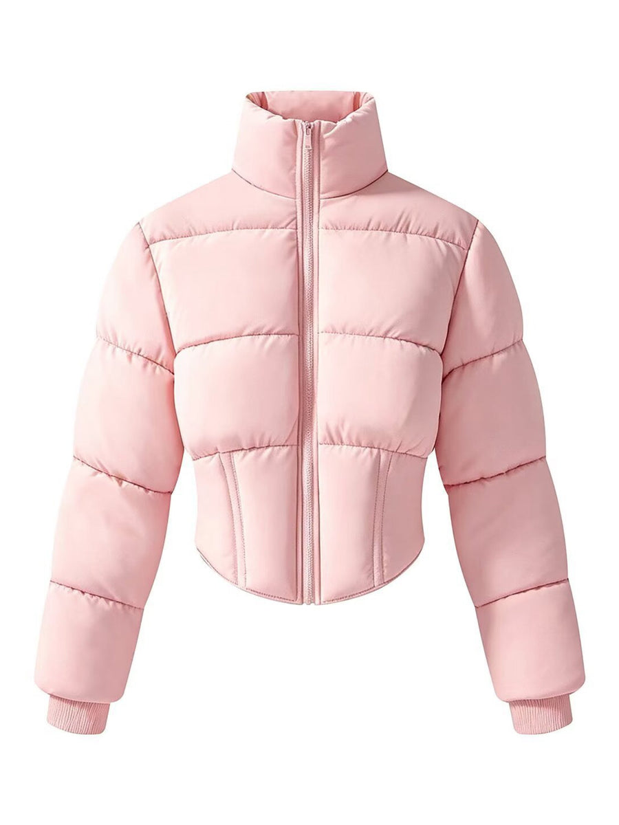 Solid Color Curved Hem Long Sleeve Puffer Jacket