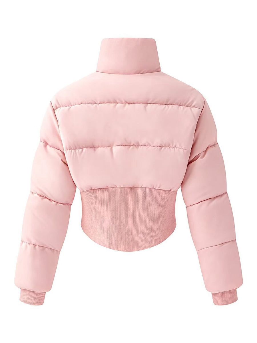 Solid Color Curved Hem Long Sleeve Puffer Jacket