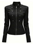 Solid Black Decorative Buttons Tailored Military Jacket