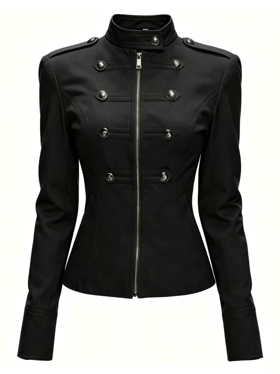 Solid Black Decorative Buttons Tailored Military Jacket