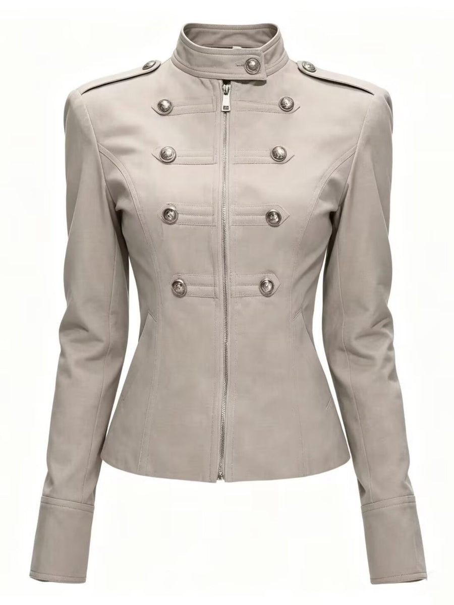 Solid Black Decorative Buttons Tailored Military Jacket