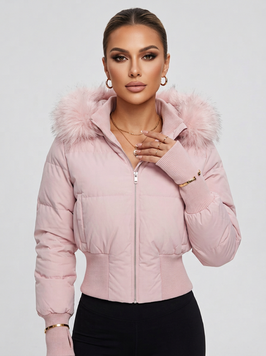 Slim Fit Faux Fur Hooded Short Puffer Outerwear