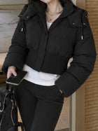 Drawstring Hood Rib Waist Cropped Puffer Coat for Women