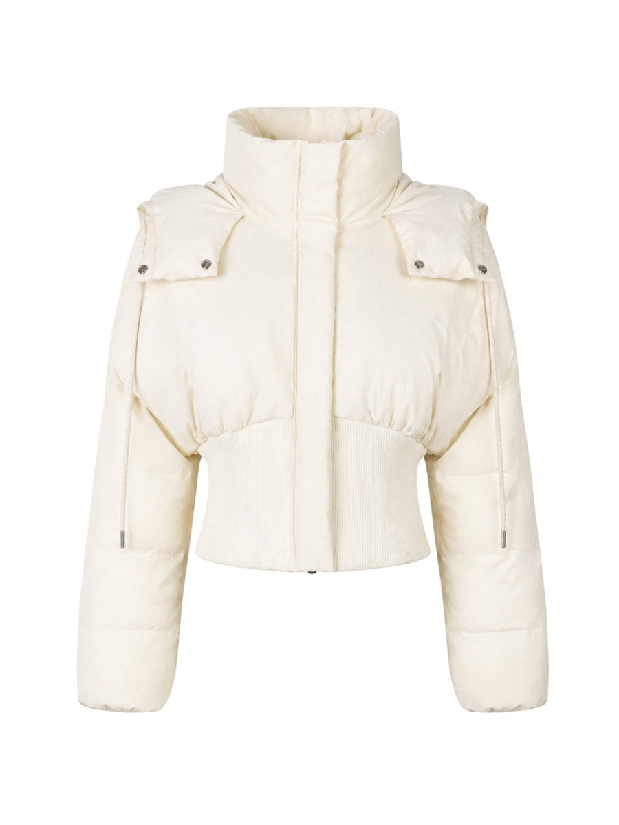 Drawstring Hood Rib Waist Cropped Puffer Coat for Women