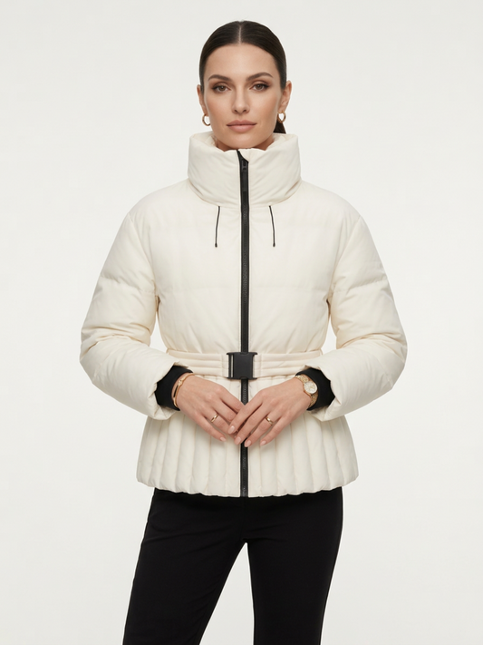 Long Sleeve Belt Waist Winter Puffer Jacket