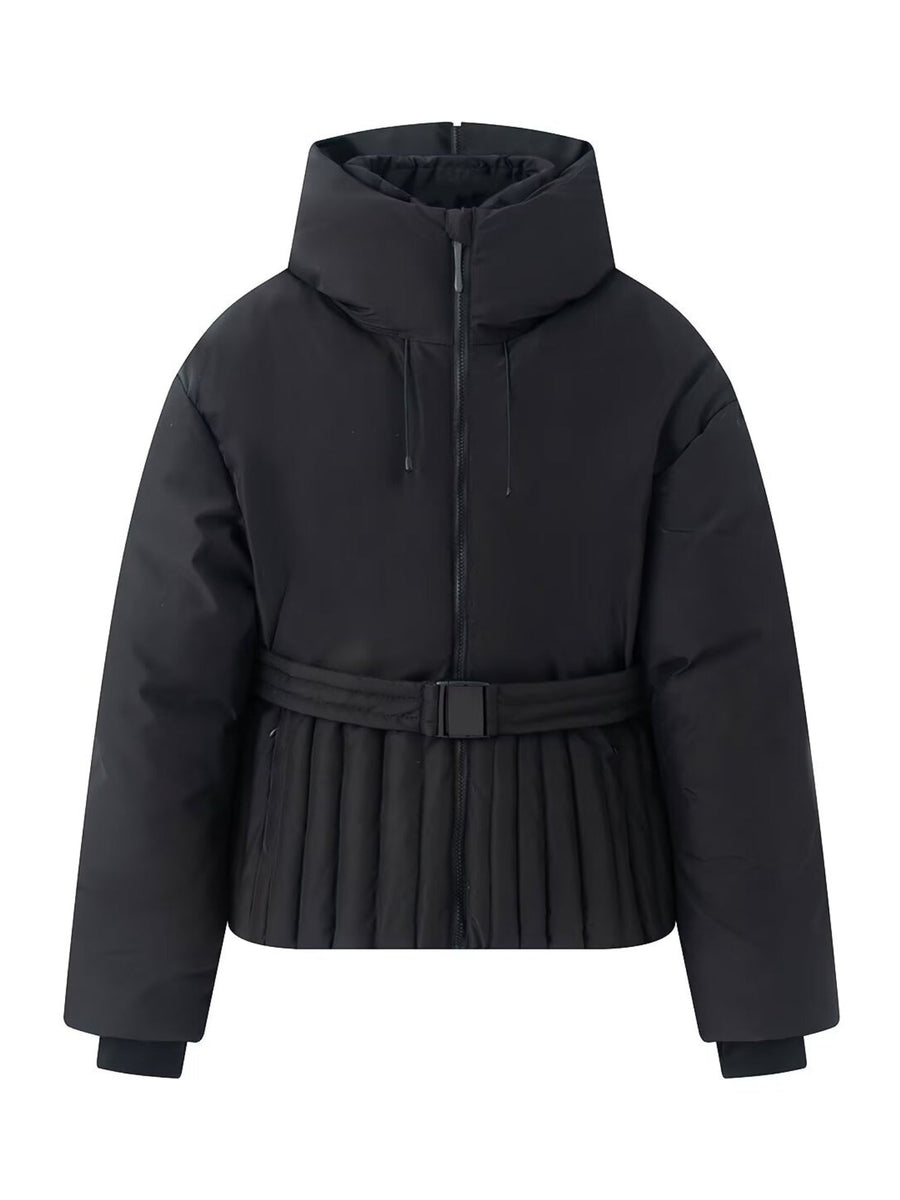 Long Sleeve Belt Waist Winter Puffer Jacket