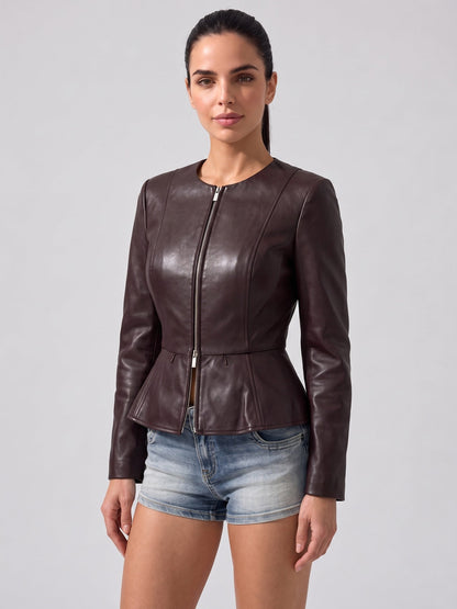 Deep Burgundy Peplum Faux Leather Jacket