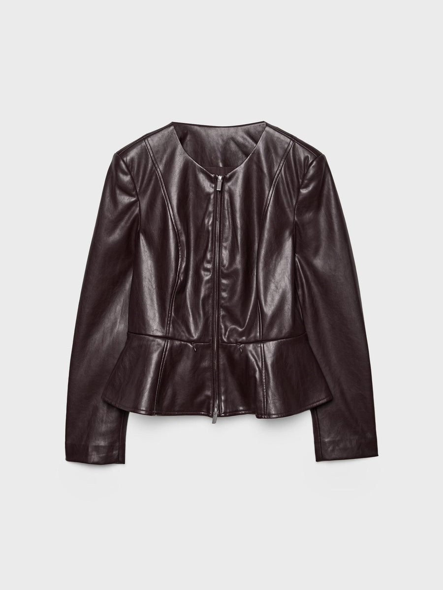 Deep Burgundy Peplum Faux Leather Jacket