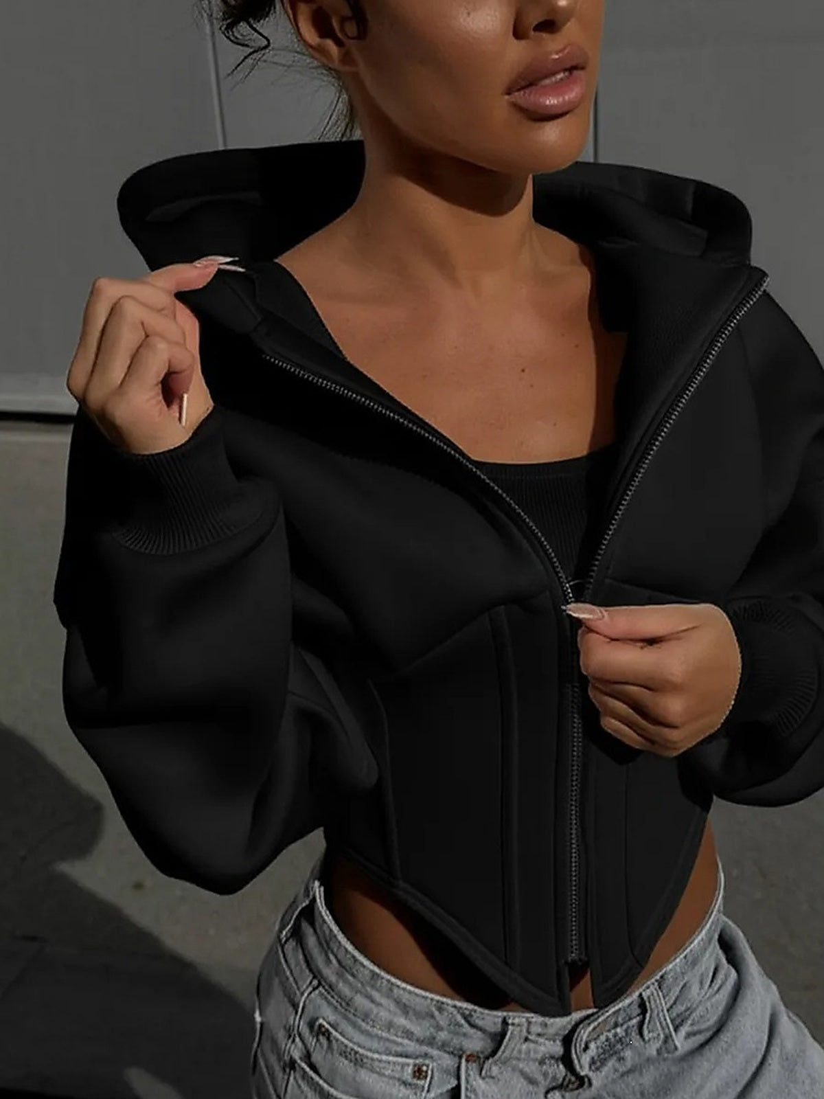 Women's Sculpted Waist Cropped Zip-Up Hoodie Jacket