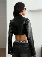 Cropped Faux Leather Stand Collar Zipper Jacket