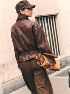 Women's Faux Leather Stand Collar Drawstring Waist Jacket