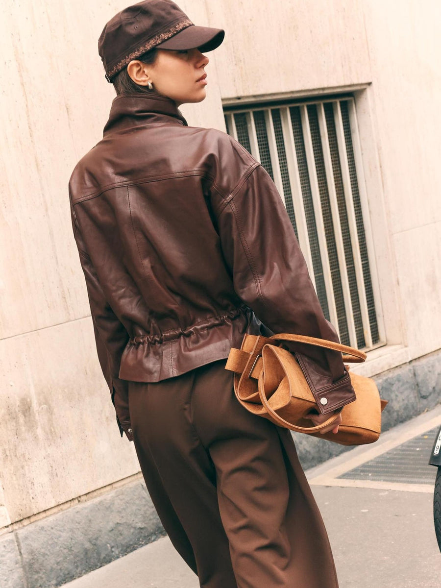 Women's Faux Leather Stand Collar Drawstring Waist Jacket