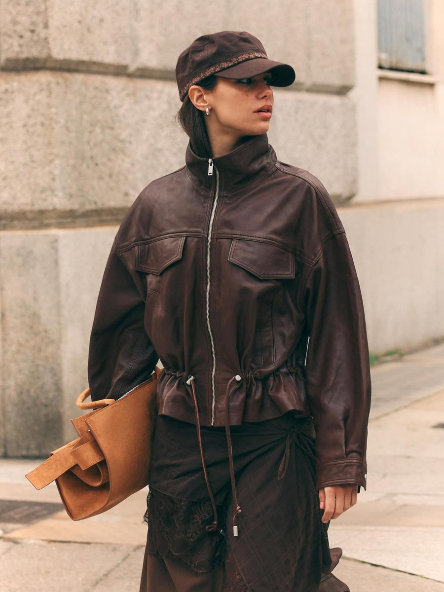 Women's Faux Leather Stand Collar Drawstring Waist Jacket