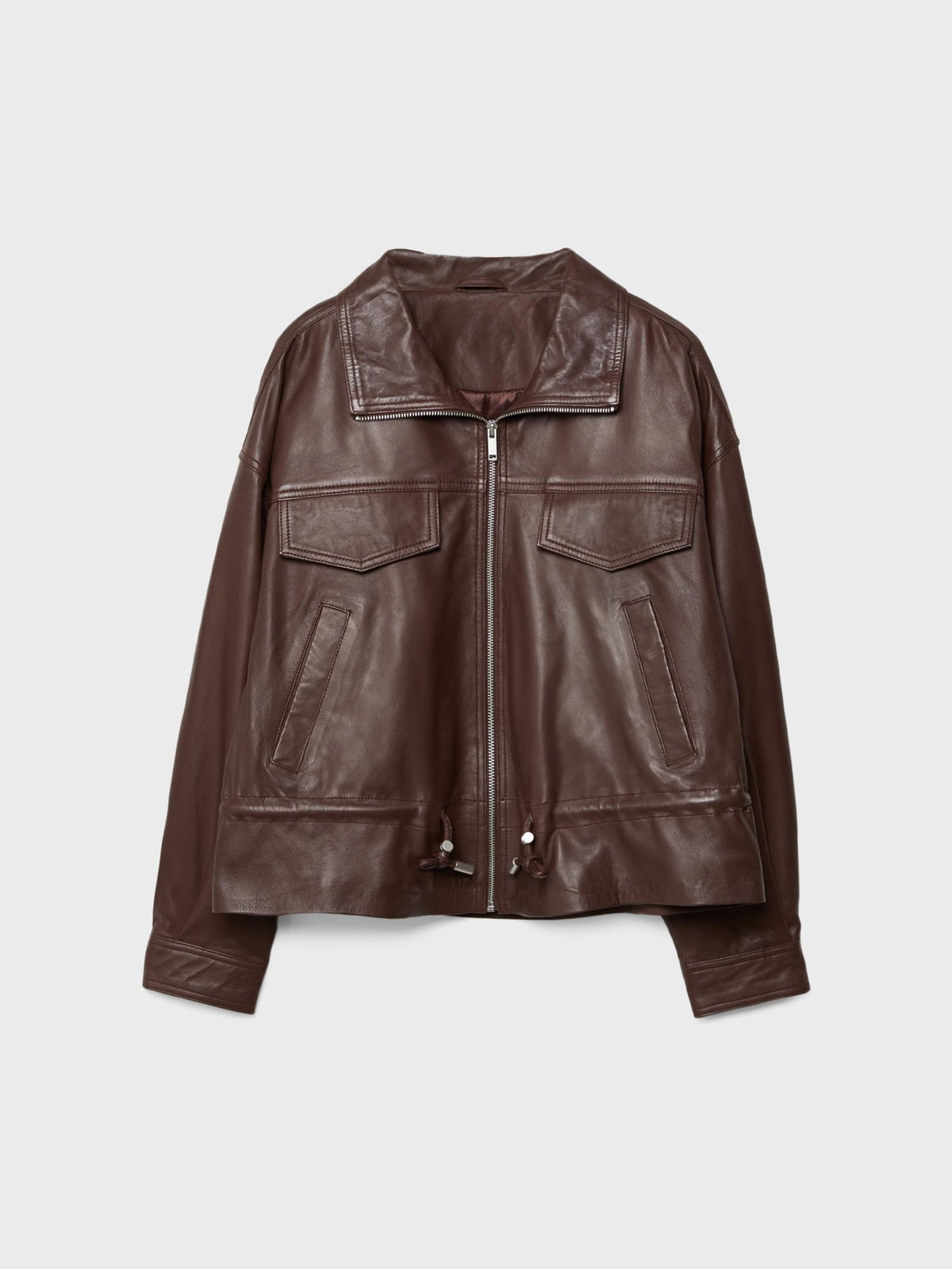 Women's Faux Leather Stand Collar Drawstring Waist Jacket