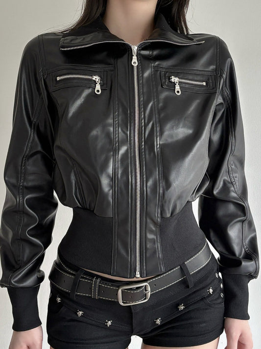 Edgy Cropped Faux Leather Bomber Jacket with Ribbed Trim