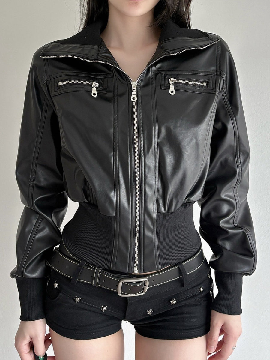 Edgy Cropped Faux Leather Bomber Jacket with Ribbed Trim