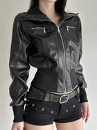Edgy Cropped Faux Leather Bomber Jacket with Ribbed Trim