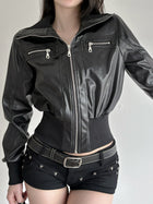 Edgy Cropped Faux Leather Bomber Jacket with Ribbed Trim