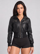 Edgy Cropped Faux Leather Bomber Jacket with Ribbed Trim