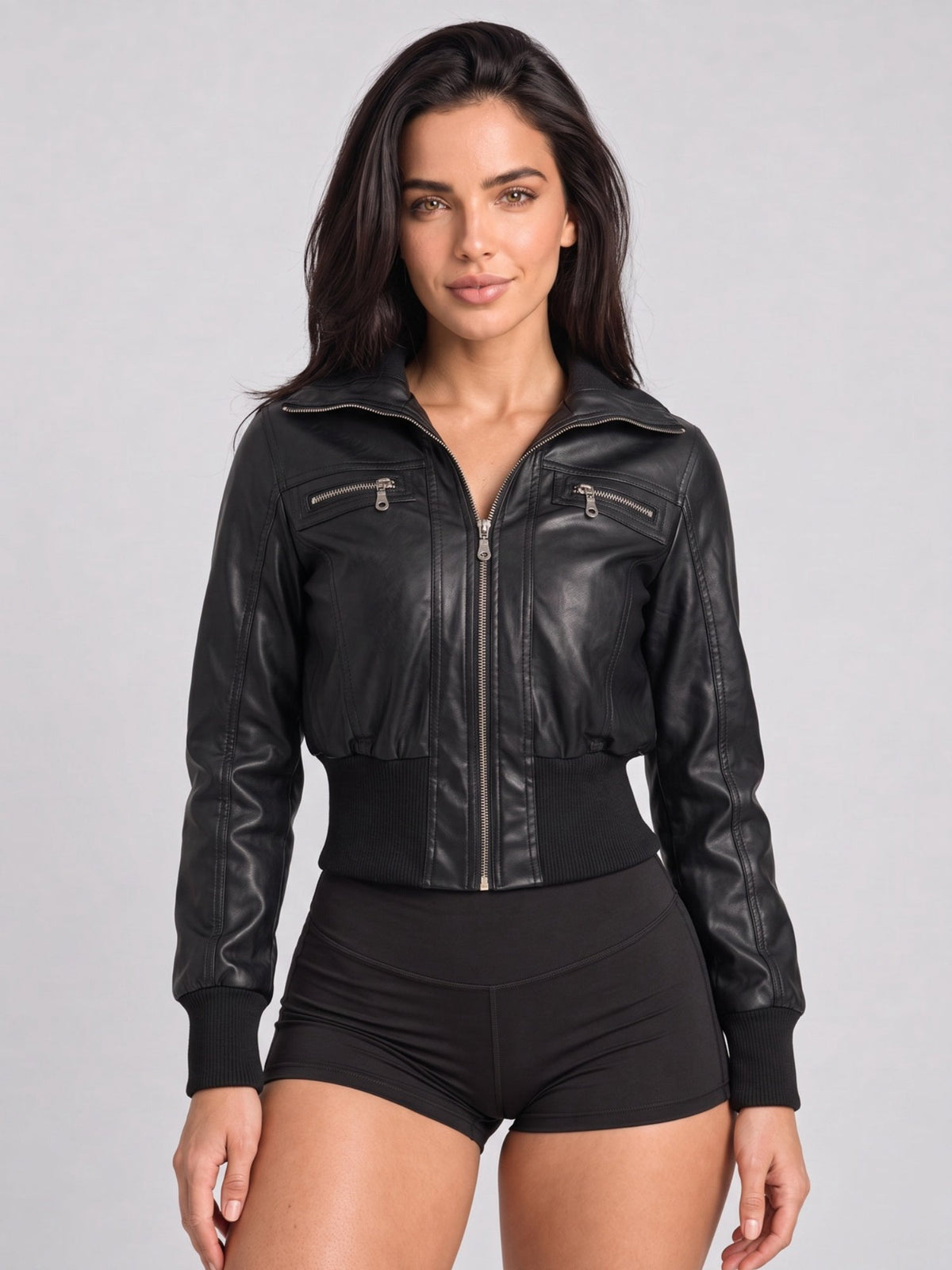 Edgy Cropped Faux Leather Bomber Jacket with Ribbed Trim