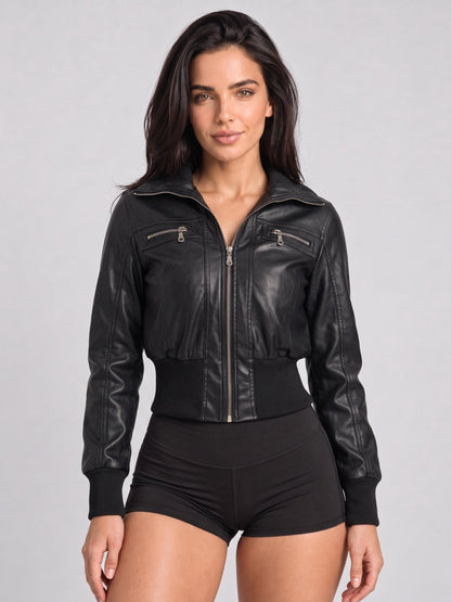 Edgy Cropped Faux Leather Bomber Jacket with Ribbed Trim