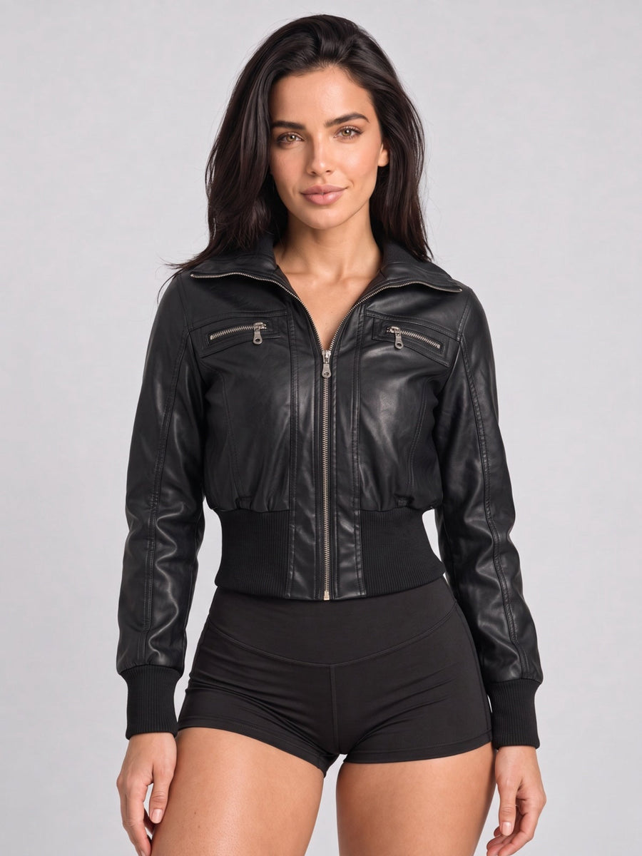 Edgy Cropped Faux Leather Bomber Jacket with Ribbed Trim