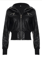 Edgy Cropped Faux Leather Bomber Jacket with Ribbed Trim