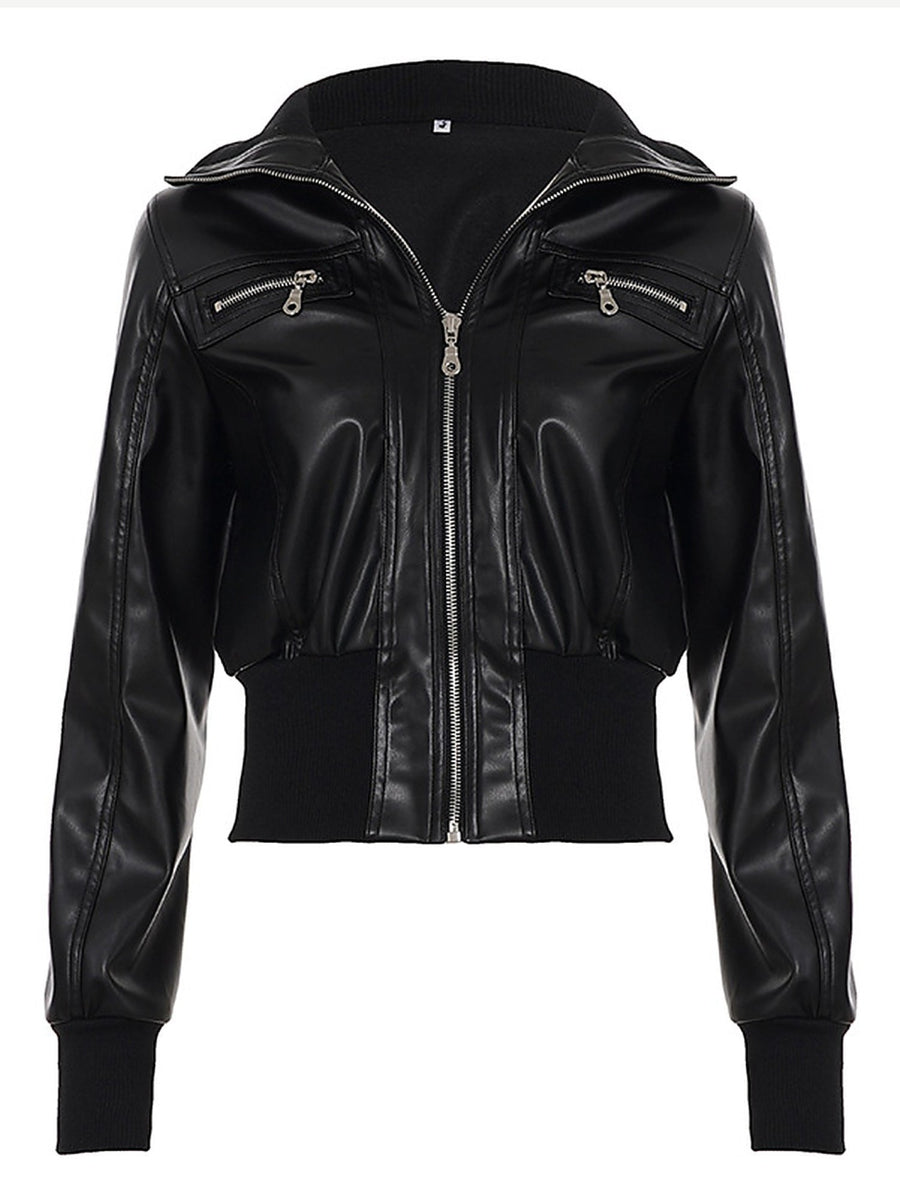 Edgy Cropped Faux Leather Bomber Jacket with Ribbed Trim