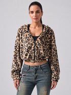 Women's Leopard Print Cropped Zip-Up Plush Hoodie