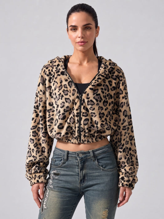 Women's Leopard Print Cropped Zip-Up Plush Hoodie