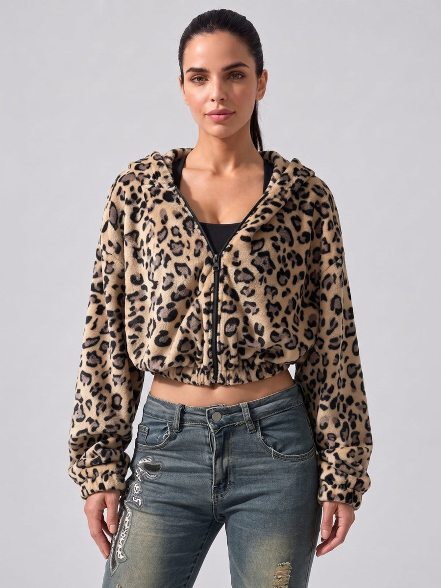 Women's Leopard Print Cropped Zip-Up Plush Hoodie