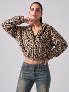 Women's Leopard Print Cropped Zip-Up Plush Hoodie